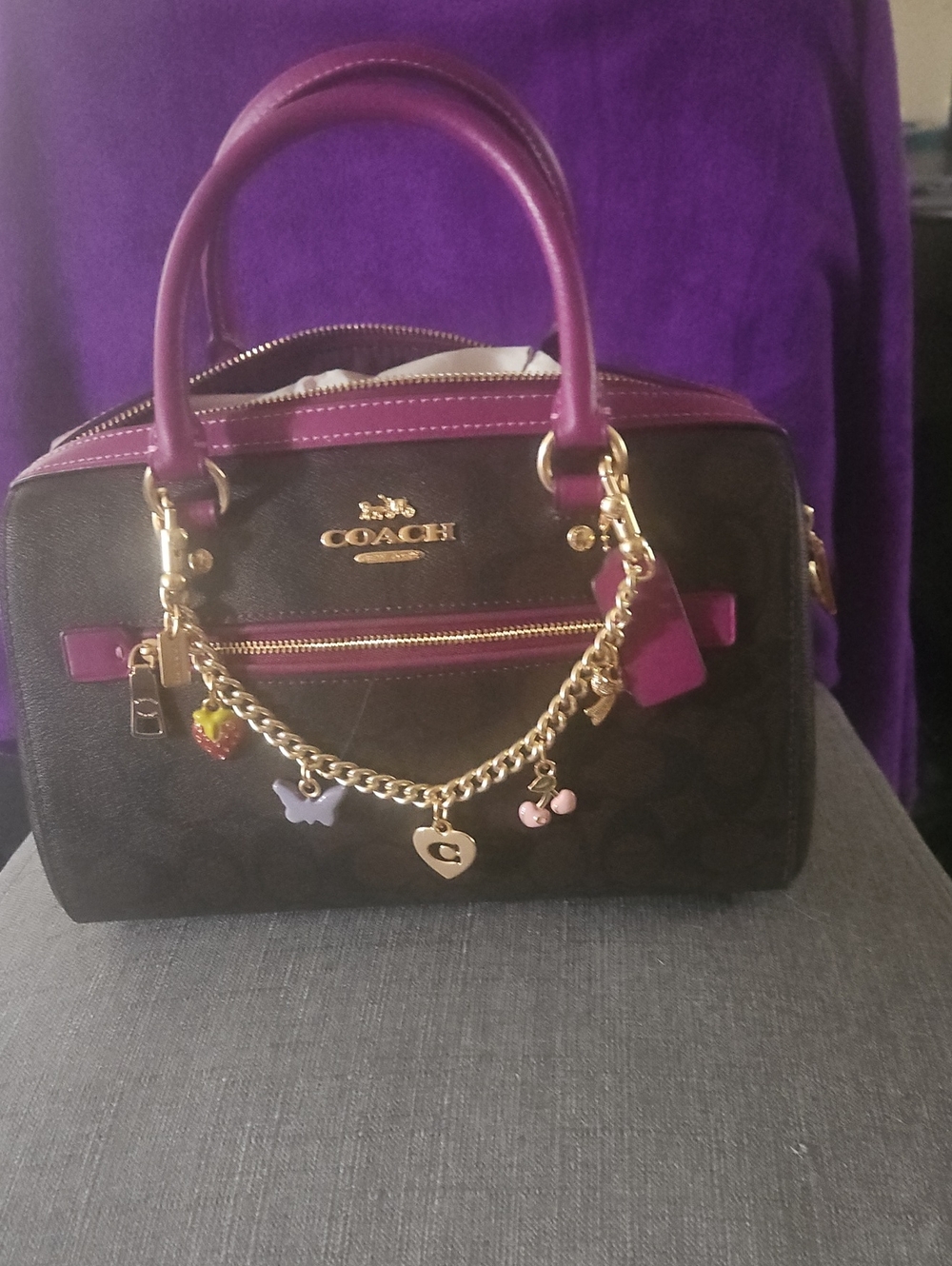 COACH Brown Signature Satchel with Purple/Magenta Trim and Gold Swagger Chain